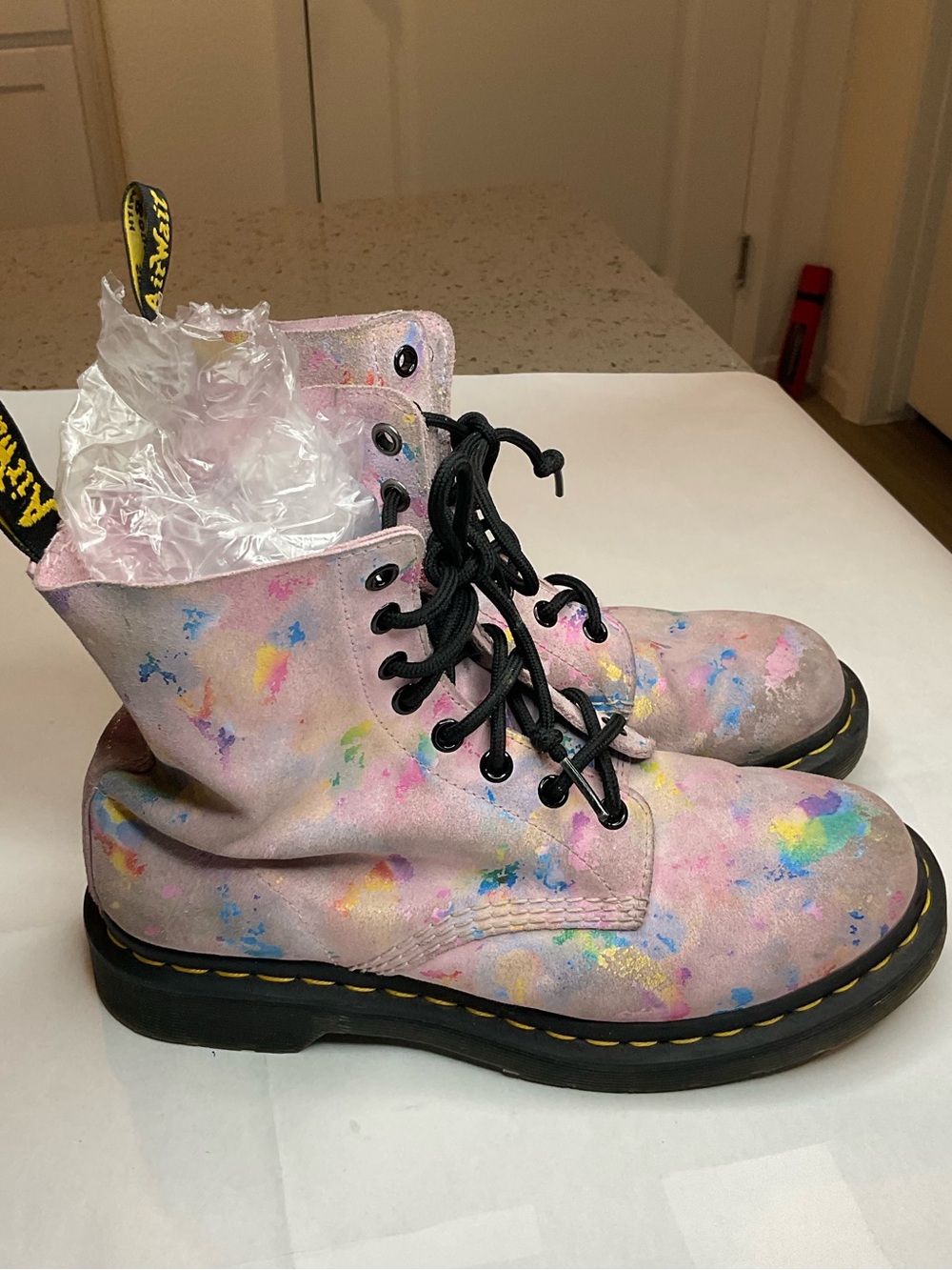 Dr. Martens Pink Multicolor Paint-Splatter Lace-Up Boots - Picture 5 of 7
